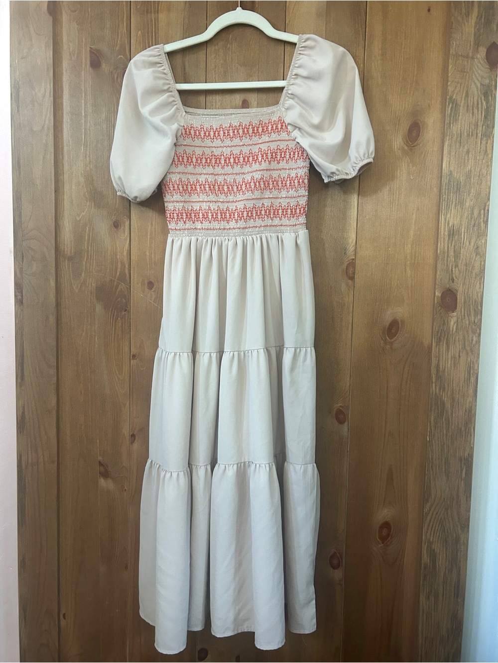 Tan Maxi Dress with Coral/Orange Smocked Bodice